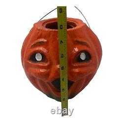 RARE 1940's Large Paper Mache Pumpkin Halloween 8 JOL with Face and Wire Handle