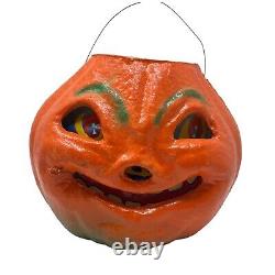 RARE 1940's Large Paper Pache Halloween Pumpkin JOL with Face and Wire Handle