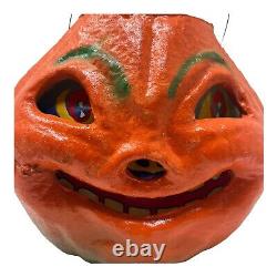 RARE 1940's Large Paper Pache Halloween Pumpkin JOL with Face and Wire Handle