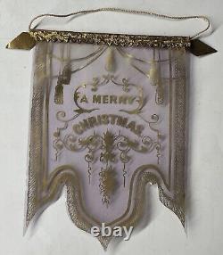 RARE Antique Victorian Merry Christmas Celluloid CLEAR Banner Light Purple