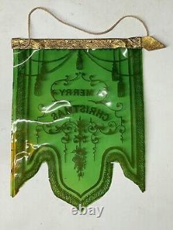 RARE Antique Victorian Merry Christmas Celluloid GREEN Banner Holiday Decor