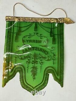 RARE Antique Victorian Merry Christmas Celluloid GREEN Banner Holiday Decor
