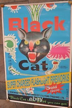 RARE BLUE Vintage Li & Fung BLACK CAT Firecrackers POSTER 23x34 fireworks 4th
