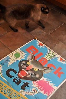 RARE BLUE Vintage Li & Fung BLACK CAT Firecrackers POSTER 23x34 fireworks 4th