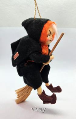 RARE Cute Vintage Halloween Witch Riding Broom Painted Face Felt Ornament Japan RARE Cute Vintage Halloween Witch Riding Broom Painted Face Felt Ornament Japan