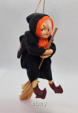 RARE Cute Vintage Halloween Witch Riding Broom Painted Face Felt Ornament Japan RARE Cute Vintage Halloween Witch Riding Broom Painted Face Felt Ornament Japan