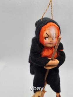 RARE Cute Vintage Halloween Witch Riding Broom Painted Face Felt Ornament Japan RARE Cute Vintage Halloween Witch Riding Broom Painted Face Felt Ornament Japan