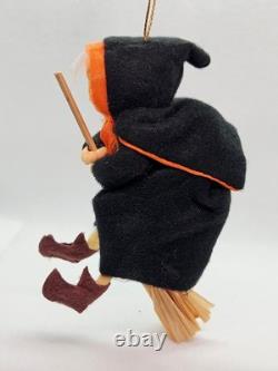 RARE Cute Vintage Halloween Witch Riding Broom Painted Face Felt Ornament Japan RARE Cute Vintage Halloween Witch Riding Broom Painted Face Felt Ornament Japan