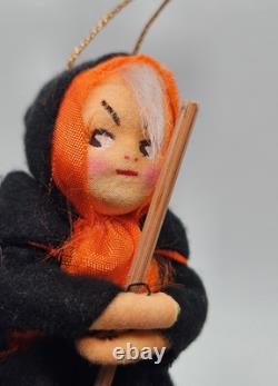 RARE Cute Vintage Halloween Witch Riding Broom Painted Face Felt Ornament Japan RARE Cute Vintage Halloween Witch Riding Broom Painted Face Felt Ornament Japan