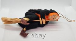 RARE Cute Vintage Halloween Witch Riding Broom Painted Face Felt Ornament Japan RARE Cute Vintage Halloween Witch Riding Broom Painted Face Felt Ornament Japan