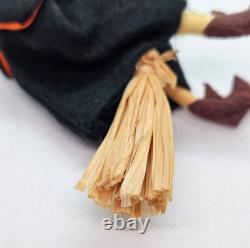 RARE Cute Vintage Halloween Witch Riding Broom Painted Face Felt Ornament Japan RARE Cute Vintage Halloween Witch Riding Broom Painted Face Felt Ornament Japan