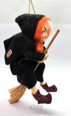 RARE Cute Vintage Halloween Witch Riding Broom Painted Face Felt Ornament Japan RARE Cute Vintage Halloween Witch Riding Broom Painted Face Felt Ornament Japan