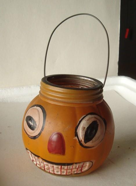 Rare Halloween Glass Pumpkin Jack-o-lantern Candy Container, Excelent, 1920's