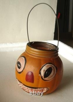 RARE HALLOWEEN GLASS PUMPKIN JACK-O-LANTERN CANDY CONTAINER, EXCELENT, 1920's