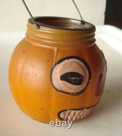 RARE HALLOWEEN GLASS PUMPKIN JACK-O-LANTERN CANDY CONTAINER, EXCELENT, 1920's