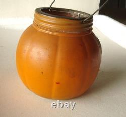 RARE HALLOWEEN GLASS PUMPKIN JACK-O-LANTERN CANDY CONTAINER, EXCELENT, 1920's