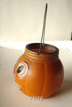 RARE HALLOWEEN GLASS PUMPKIN JACK-O-LANTERN CANDY CONTAINER, EXCELENT, 1920's