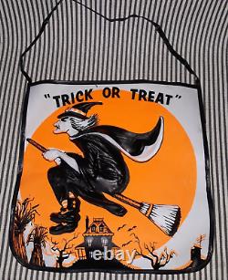 RARE HTF VTG 1950's HALLOWEEN WITCH ON BROOM 3d TRICK OR TREAT BAG ART HANGING