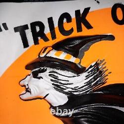 RARE HTF VTG 1950's HALLOWEEN WITCH ON BROOM 3d TRICK OR TREAT BAG ART HANGING