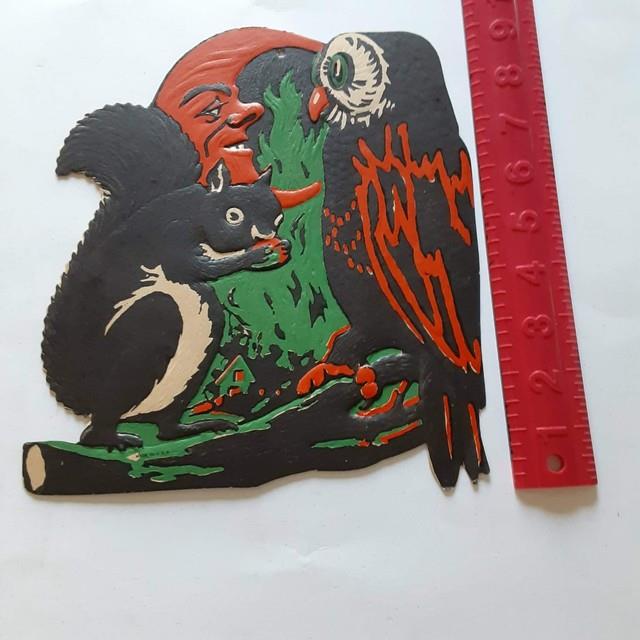 Rare Old Vintage Halloween Cardboard Diecut Die Cut Beistle Squirrel Owl 1930-50