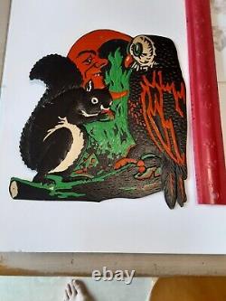 RARE Old Vintage Halloween Cardboard Diecut Die Cut Beistle Squirrel Owl 30s-50s