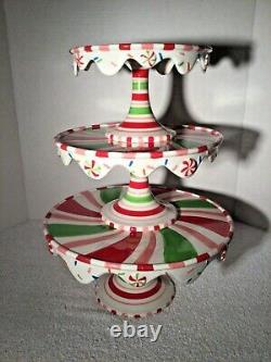 RARE Set of 3 Tier DEPT 56 GLITTERVILLE Christmas Swirl Candy CAKE PLATEs