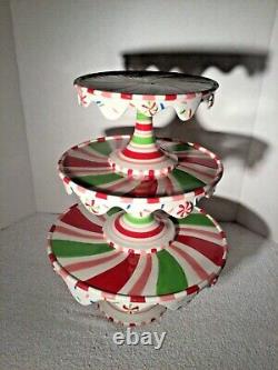 RARE Set of 3 Tier DEPT 56 GLITTERVILLE Christmas Swirl Candy CAKE PLATEs