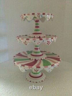 RARE Set of 3 Tier DEPT 56 GLITTERVILLE Christmas Swirl Candy CAKE PLATEs