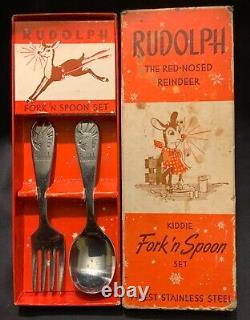 RARE! VINTAGE! RUDOLPH THE RED-NOSED REINDEER KIDDIE FORK'N SPOON SET WithBOX