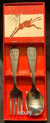 RARE! VINTAGE! RUDOLPH THE RED-NOSED REINDEER KIDDIE FORK'N SPOON SET WithBOX