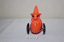 RARE VTG Halloween Witch Rocket Rosbro Kokomold Candy Container ORIGINAL Wheels