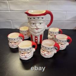 RARE Vintage Christmas Striped Santa Pitcher 6 Mugs Made In Japan in Orginal Box