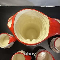 RARE Vintage Christmas Striped Santa Pitcher 6 Mugs Made In Japan in Orginal Box