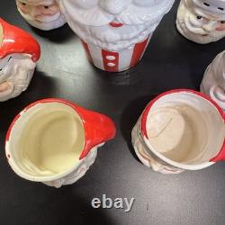 RARE Vintage Christmas Striped Santa Pitcher 6 Mugs Made In Japan in Orginal Box