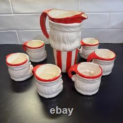 RARE Vintage Christmas Striped Santa Pitcher 6 Mugs Made In Japan in Orginal Box