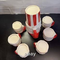 RARE Vintage Christmas Striped Santa Pitcher 6 Mugs Made In Japan in Orginal Box