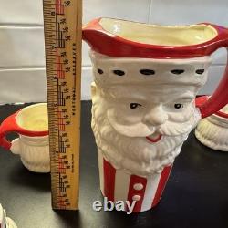 RARE Vintage Christmas Striped Santa Pitcher 6 Mugs Made In Japan in Orginal Box