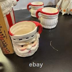 RARE Vintage Christmas Striped Santa Pitcher 6 Mugs Made In Japan in Orginal Box