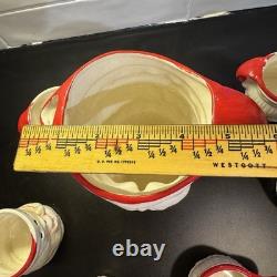 RARE Vintage Christmas Striped Santa Pitcher 6 Mugs Made In Japan in Orginal Box