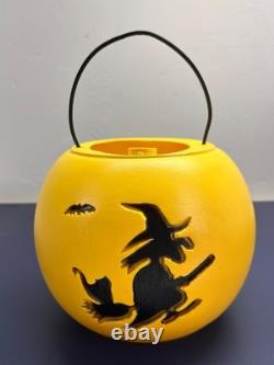 RARE Vintage Halloween Trick Or Treat Candy Yellow Candy Bucket Witch & Cat S4