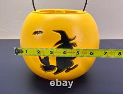 RARE Vintage Halloween Trick Or Treat Candy Yellow Candy Bucket Witch & Cat S4