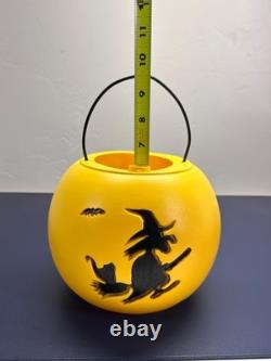 RARE Vintage Halloween Trick Or Treat Candy Yellow Candy Bucket Witch & Cat S4