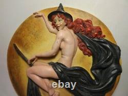 RARE Vintage Nude Halloween Witch on Broom 12 MOON 3D Plaque Wall Hanging