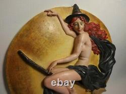 RARE Vintage Nude Halloween Witch on Broom 12 MOON 3D Plaque Wall Hanging