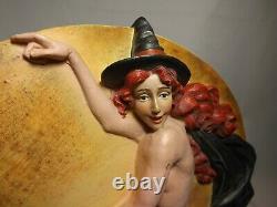 RARE Vintage Nude Halloween Witch on Broom 12 MOON 3D Plaque Wall Hanging