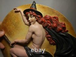 RARE Vintage Nude Halloween Witch on Broom 12 MOON 3D Plaque Wall Hanging