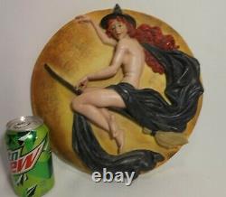 RARE Vintage Nude Halloween Witch on Broom 12 MOON 3D Plaque Wall Hanging