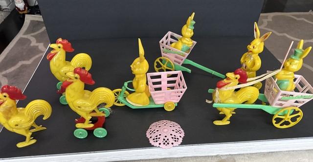 Rosbro Easter Bunny Rooster Plastic Candy Container 1950s Pull Toy Riding As Is