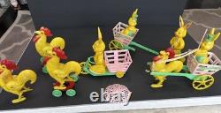 ROSBRO EASTER BUNNY Rooster PLASTIC CANDY CONTAINER 1950s Pull Toy Riding As Is