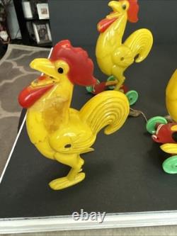 ROSBRO EASTER BUNNY Rooster PLASTIC CANDY CONTAINER 1950s Pull Toy Riding As Is